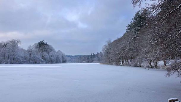 Langesø im Winter mit Schnee auf dem Weg und Bäumen und Eis auf dem See