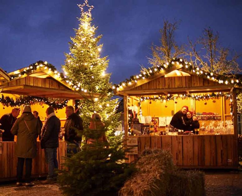 Juleboder og juletræer med lys på Otterup Julemarked