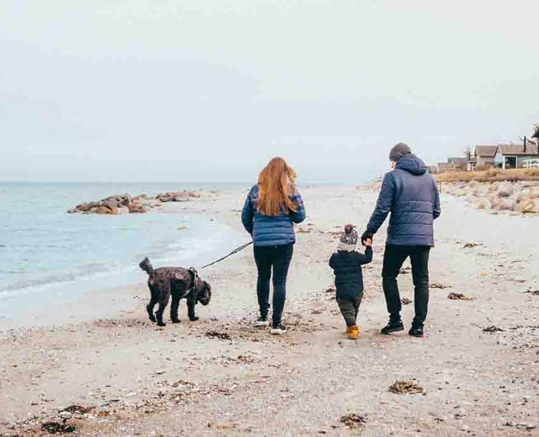 Familie på mor og far og to børn går tur med hunden på Fuglsang Strand i vintertid